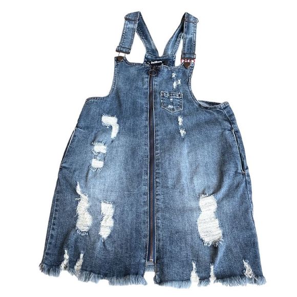 Dollhouse Mini Denim Distressed Overall Dress Blue Size 7 - Picture 1 of 9